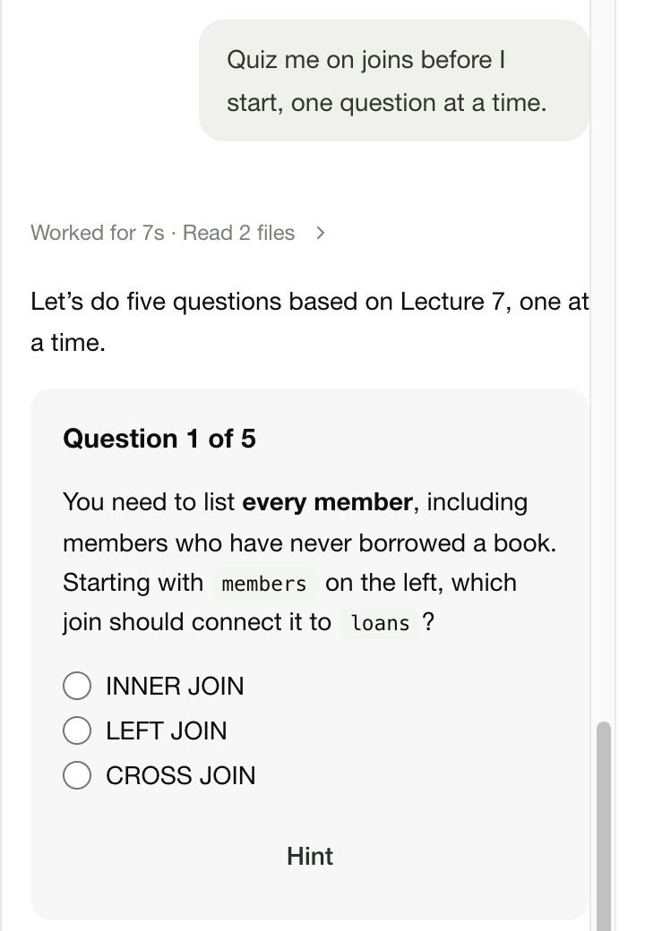 The student asks to be quizzed on joins before starting. Canvasdoc answers with question 1 of 5, built from the lecture notes, with three join types to choose from and a Hint button.